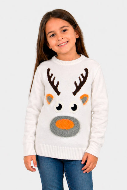 Jersey de Navidad para Niña Blanco con Reno 3D Algodón