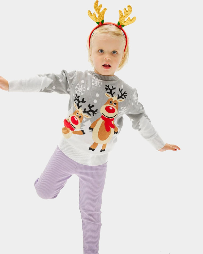 Jersey de Navidad niña Familia Gris con Renas Cute