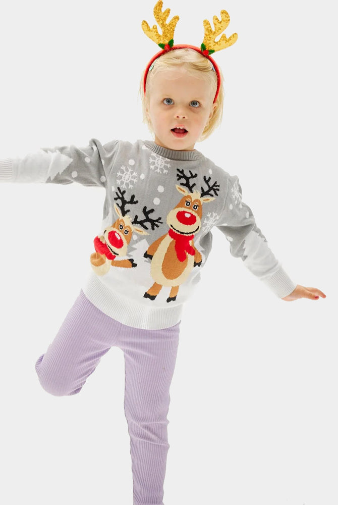 Jersey de Navidad niña Familia Gris con Renas Cute