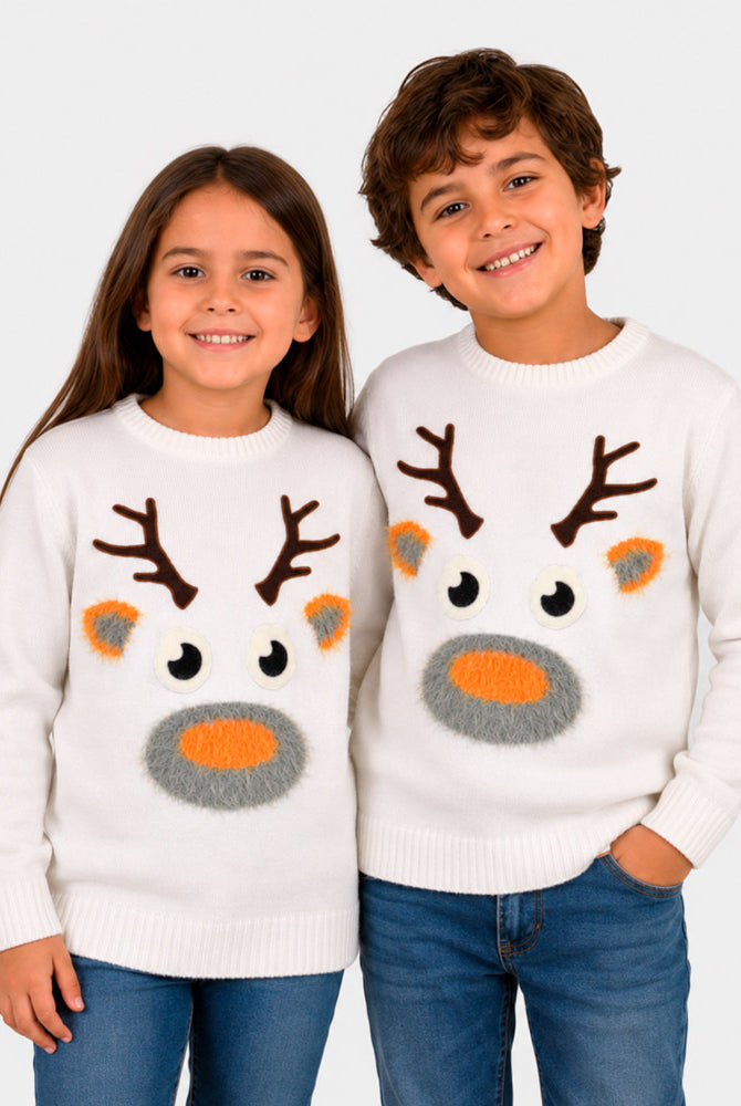 Jersey de Navidad para Niña y Niño Blanco con Reno 3D Algodón