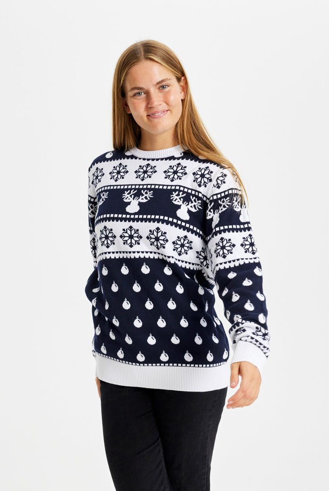 Jersey de Navidad para Niña y Niño con Renos y Nieve Azul Mujer