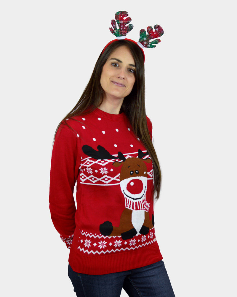 Jersey de Navidad Mujer Niña y Niño Rojo Reno Rudolph Bufanda