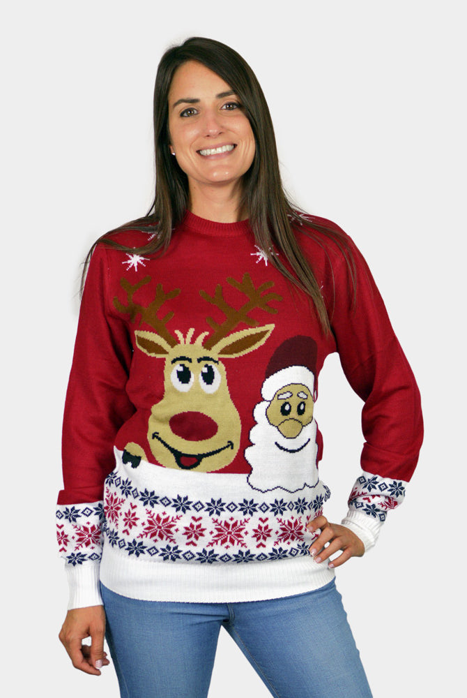 Jersey de Navidad Mujer Niña y Niño Santa y Rudolph Sonrientes