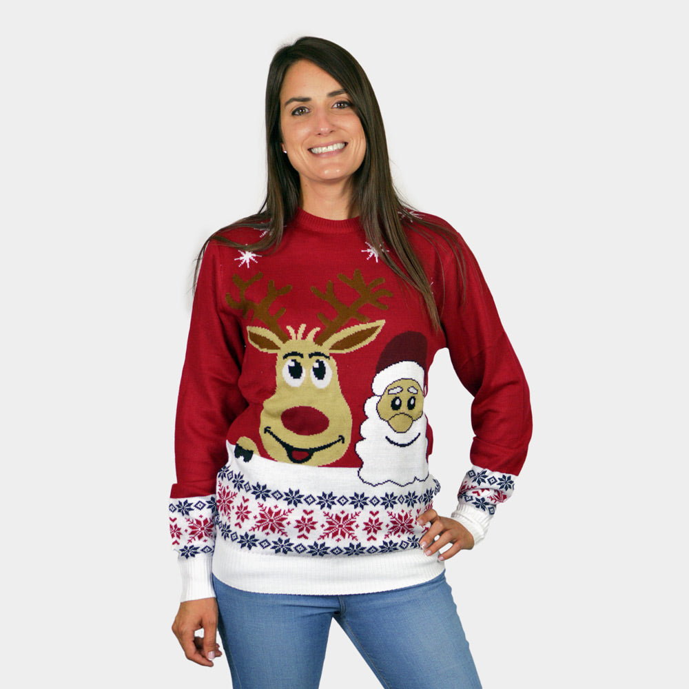 Jersey de Navidad Mujer Niña y Niño Santa y Rudolph Sonrientes