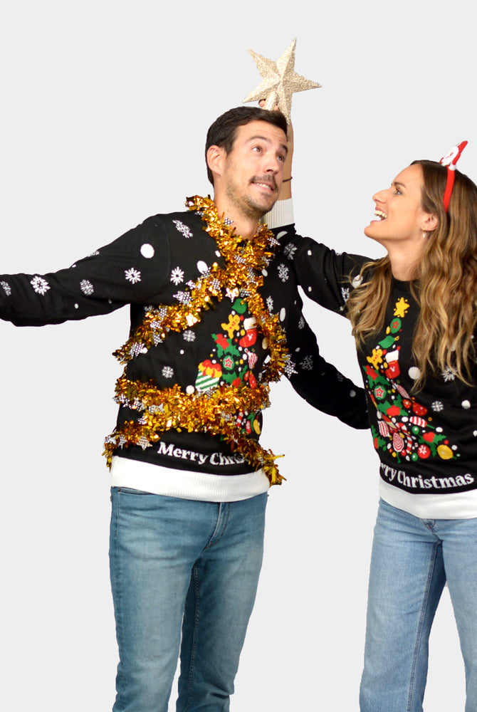Jersey de Navidad para Niña y Niño Negro con Árbol de Navidad Mujer y Hombre