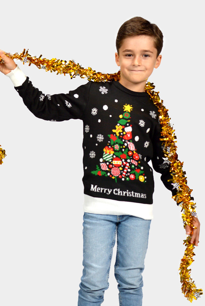 Jersey de Navidad para Niña y Niño Negro con Árbol de Navidad