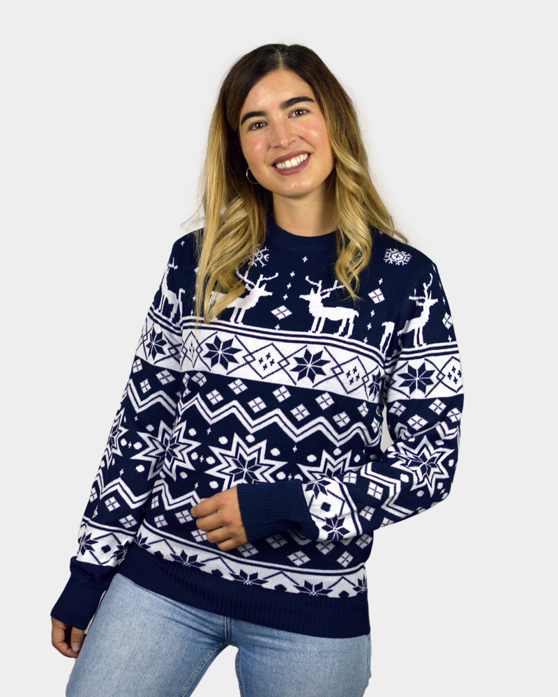 Jersey Navideño Mujer Niña y Niño con Renos y Estrellas Azul Nordic