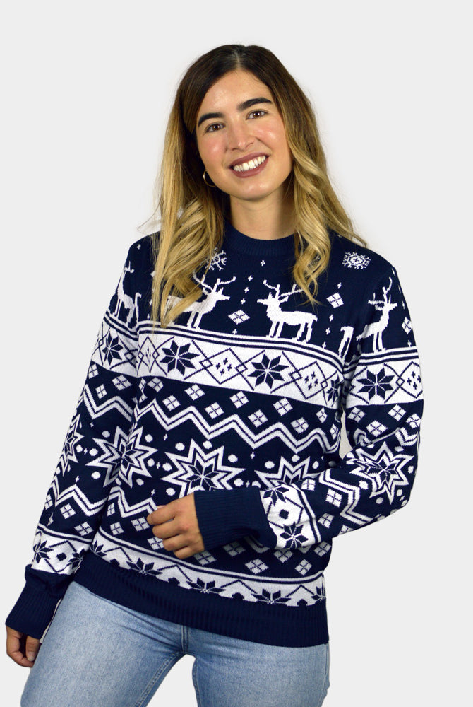 Jersey Navideño Mujer Niña y Niño con Renos y Estrellas Azul Nordic