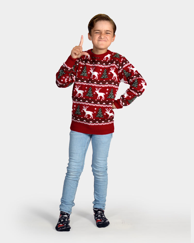 Jersey de Navidad para Niña y Niño Rojo Árboles de Navidad y Renos
