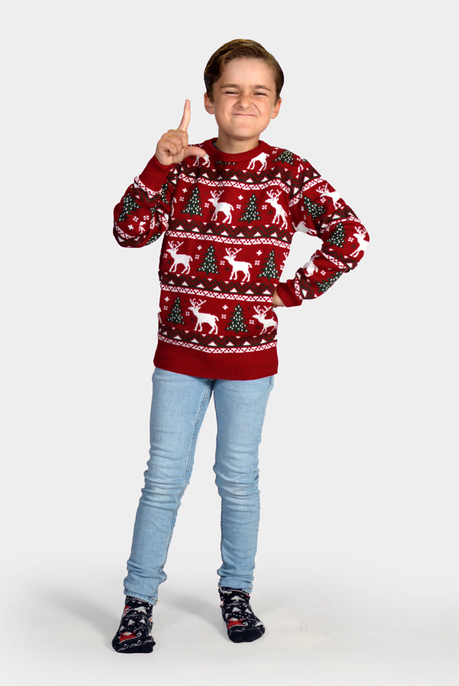 Jersey de Navidad para Niña y Niño Rojo Árboles de Navidad y Renos