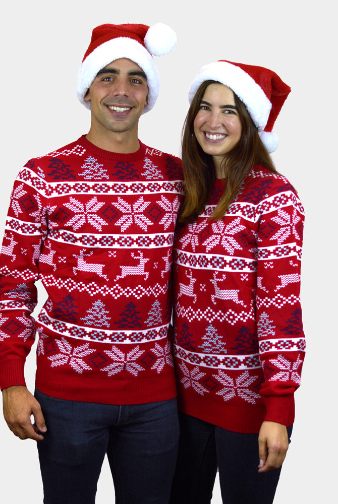 Jersey de Navidad Pareja Niña y Niño Rojo Clásico Estrellas Polares