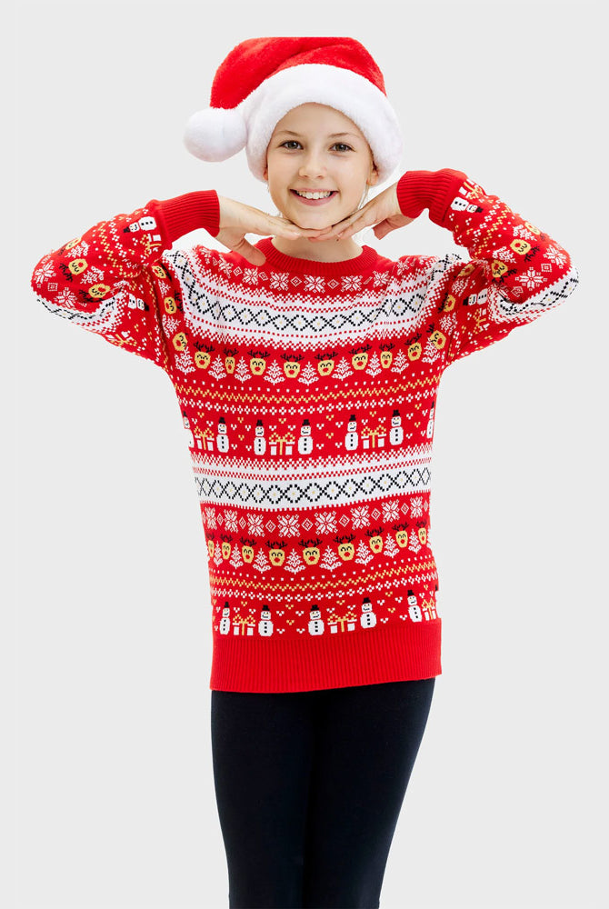 Jersey de Navidad Niña Rojo Muñecos Cenefas Algodón Orgánico