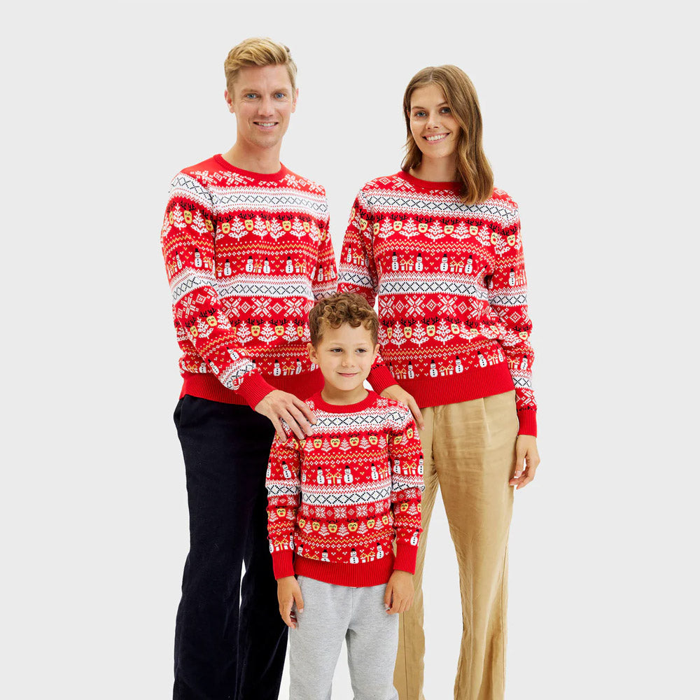 Jersey de Navidad Niña y Niño Rojo Muñecos Familia Cenefas Algodón Orgánico