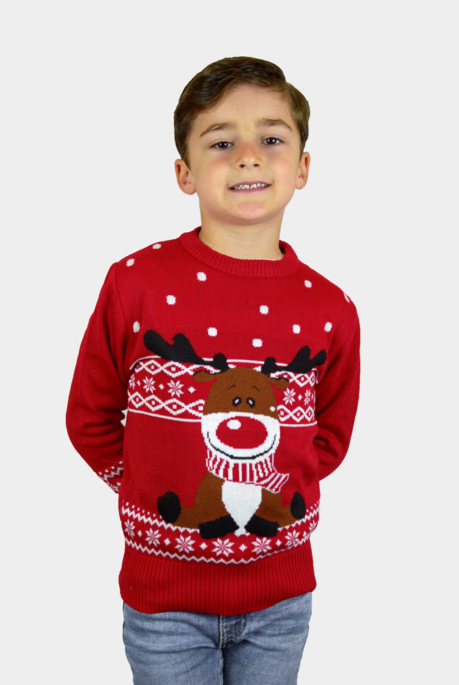 Jersey de Navidad para Niña y Niño Rojo Reno Rudolph Bufanda niño