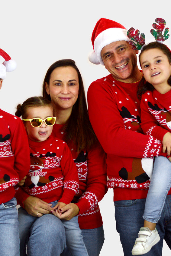Jersey de Navidad para Niña y Niño Rojo Reno Rudolph Bufanda familia