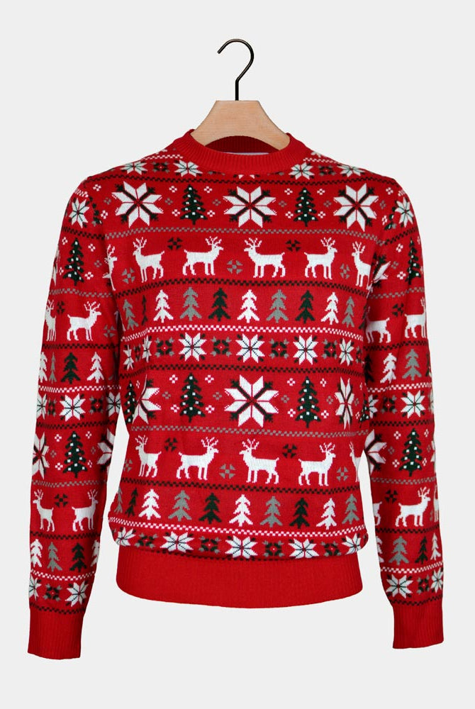 Jersey de Navidad Niña y Niño Rojo Renos, Árboles y Estrellas Polares