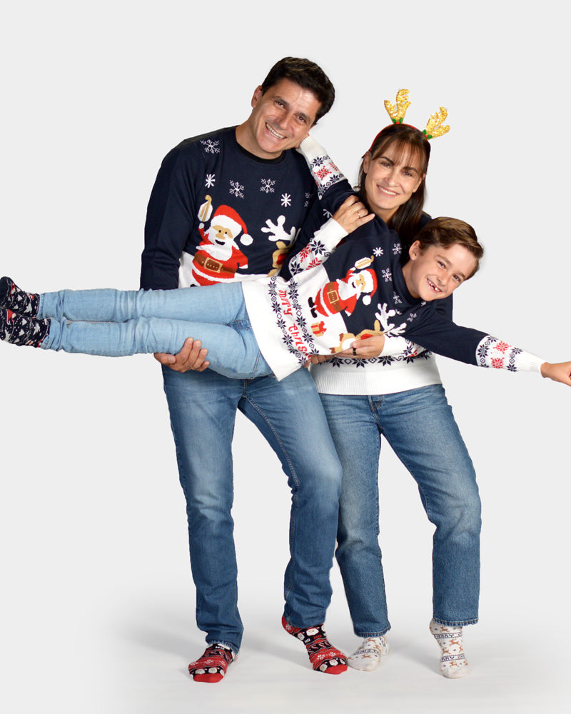 Jersey de Navidad Niña y Niño Azul Papá Noel y Reno Rudolph Familia