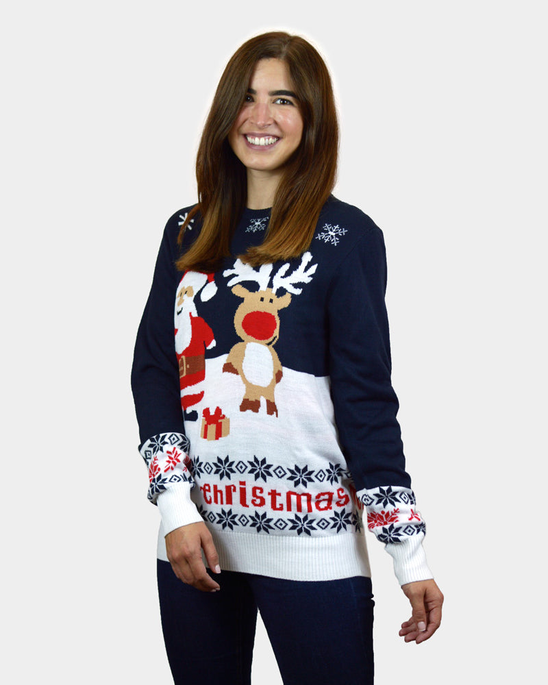 Jersey de Navidad Niña y Niño Mujer Azul Papá Noel y Reno Rudolph