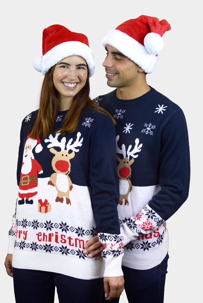 Jersey de Navidad Niña y Niño Azul Papá Noel y Reno Rudolph Pareja