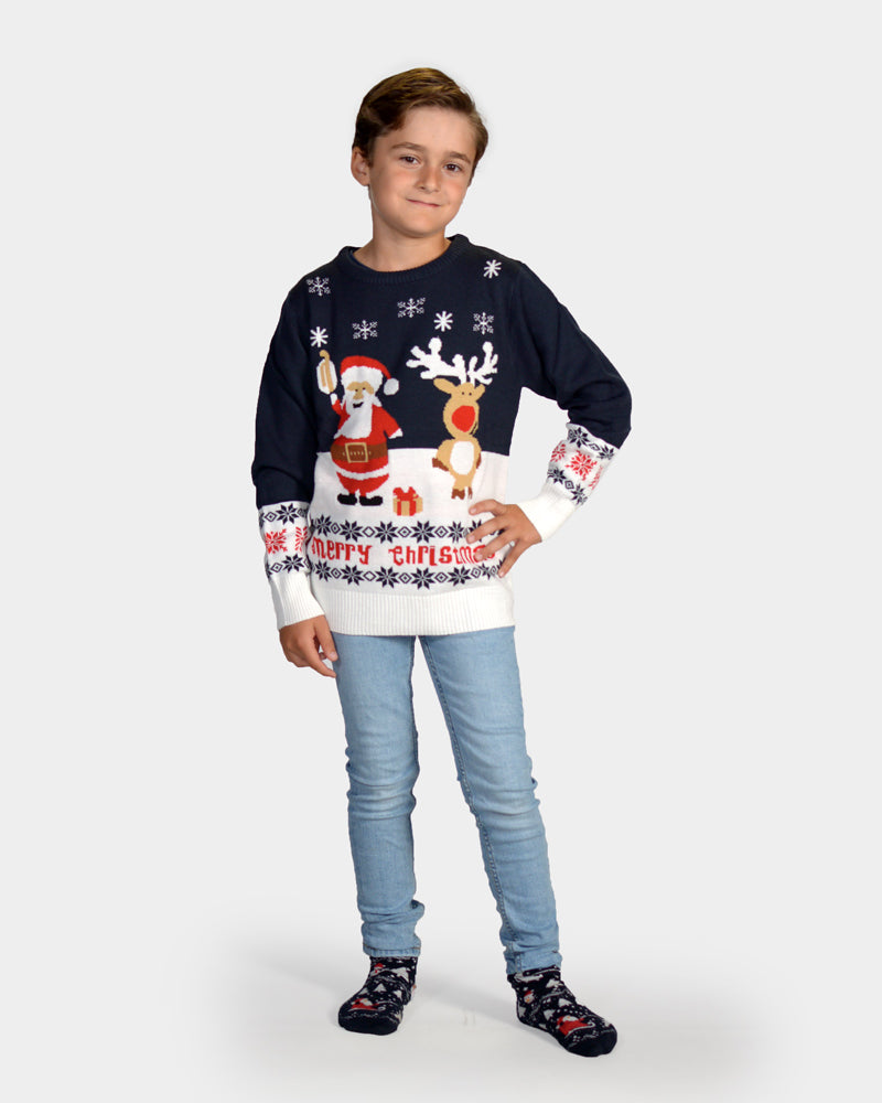 Jersey de Navidad Niño Azul Papá Noel y Reno Rudolph