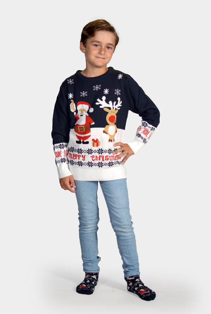 Jersey de Navidad Niño Azul Papá Noel y Reno Rudolph