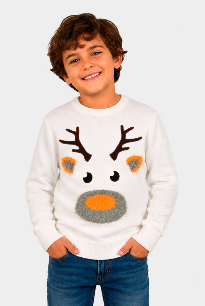 Jersey de Navidad para Niño Blanco con Reno 3D Algodón