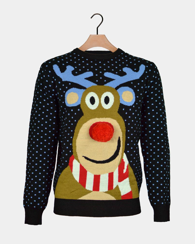 Nariz Roja 3D Jersey de Navidad para Familia Azul Reno Rodolfo