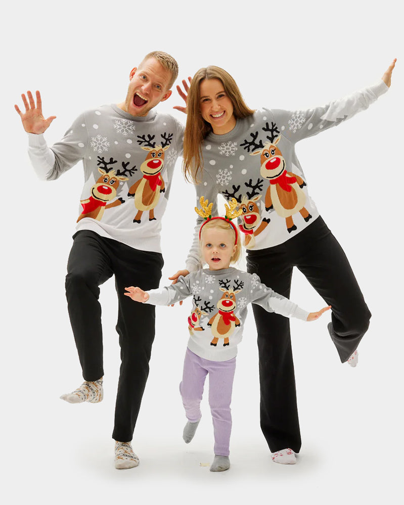 Jersey de Navidad para Familia Gris con Renas Cute
