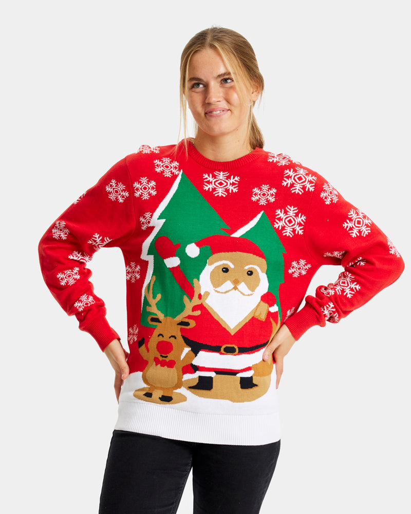 Jersey de Navidad para Familia Rojo con Santa Claus y Reno Saludando Mujer