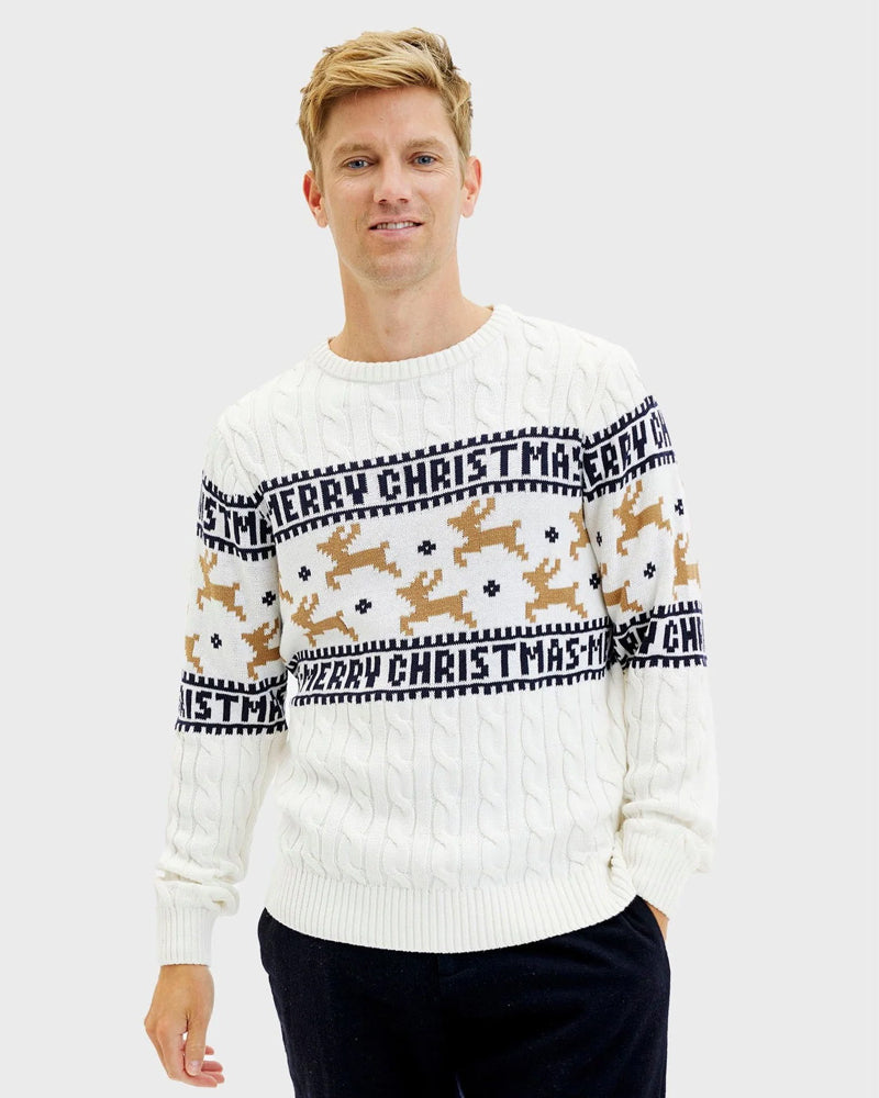 Jersey de Navidad Hombre Elegante Blanco Renos Algodón Orgánico