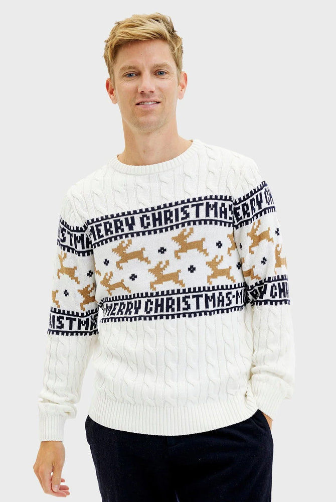 Jersey de Navidad Hombre Elegante Blanco Renos Algodón Orgánico