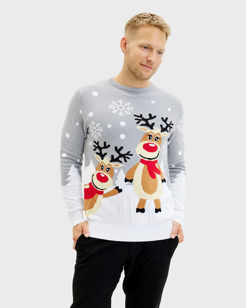 Jersey de Navidad para Hombre Gris con Renas Cute