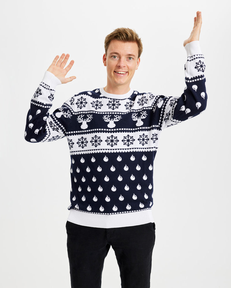 Jersey de Navidad para Hombre con Renos y Nieve Azul