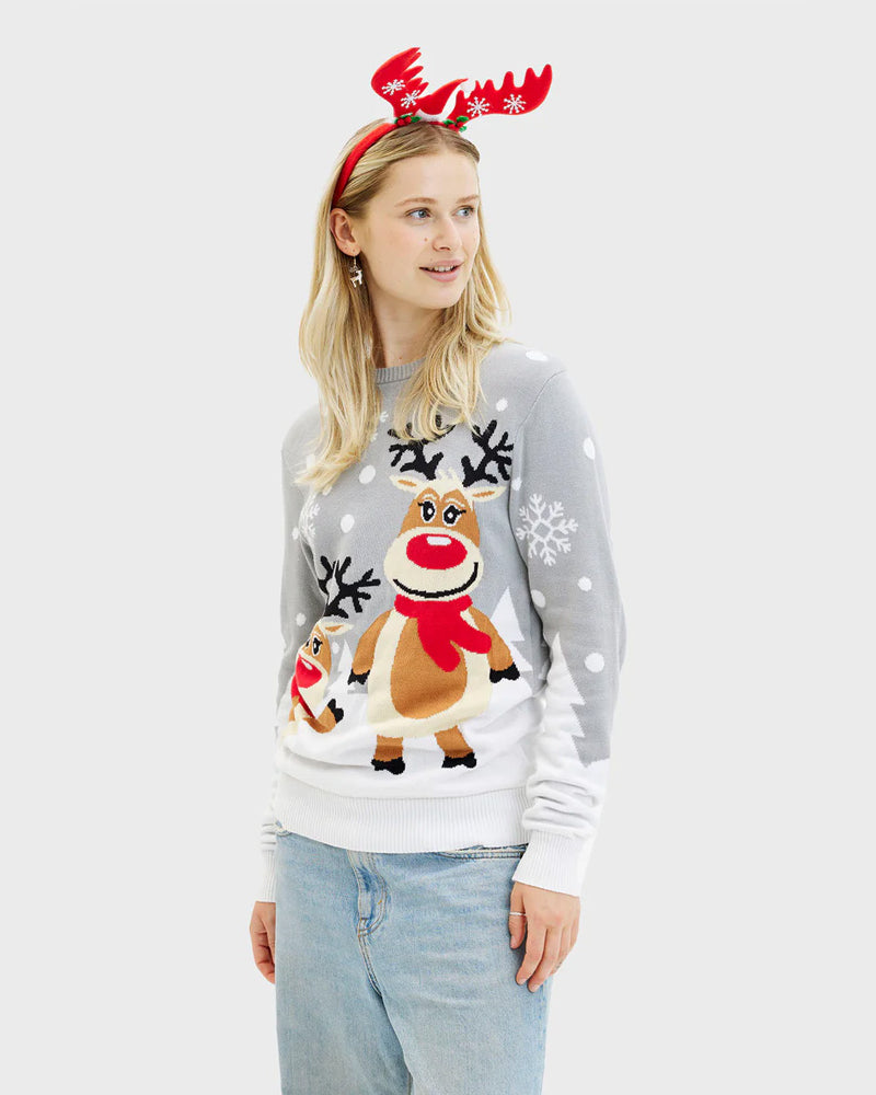 Jersey de Navidad para Mujer Gris con Renas Cute