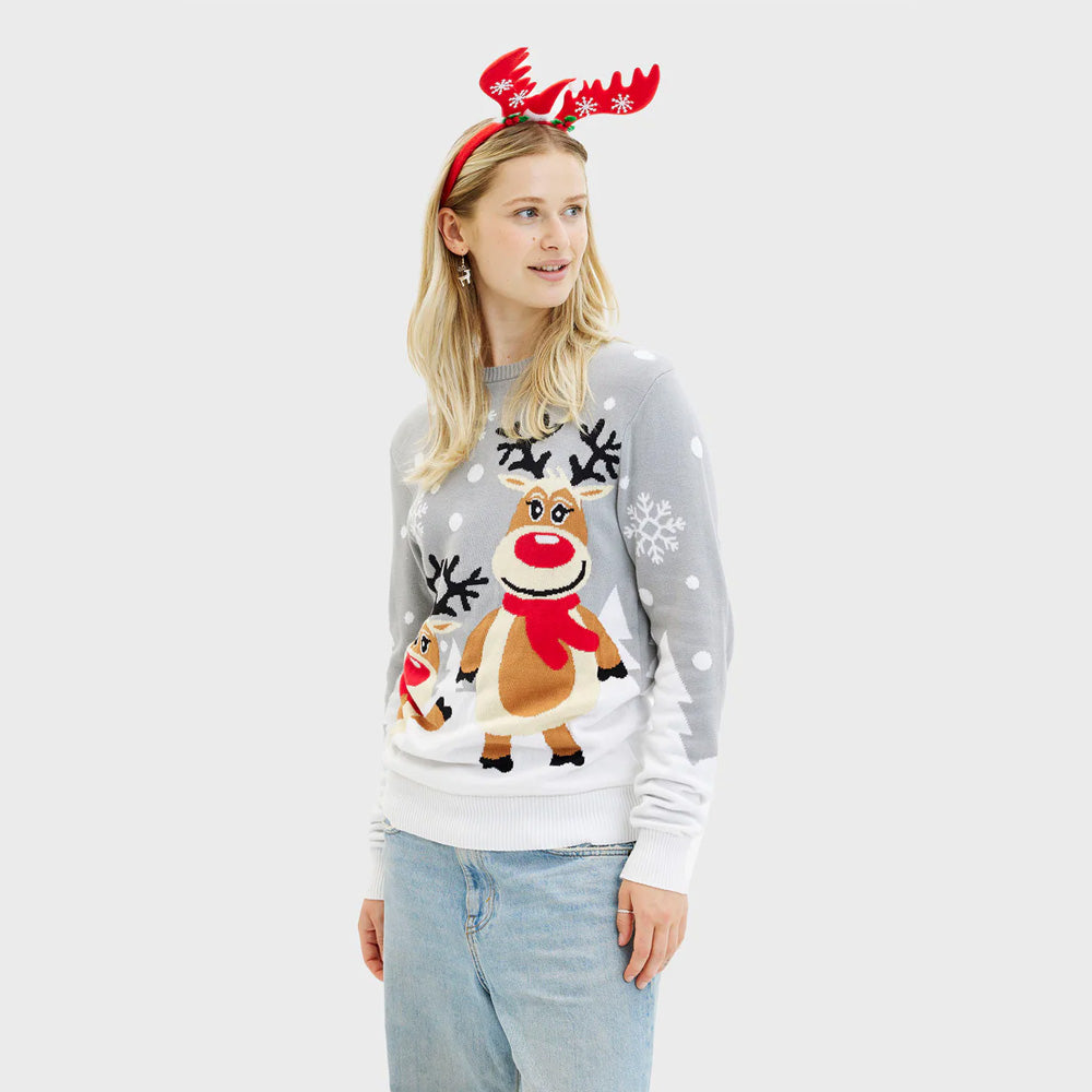 Jersey de Navidad para Mujer Gris con Renas Cute