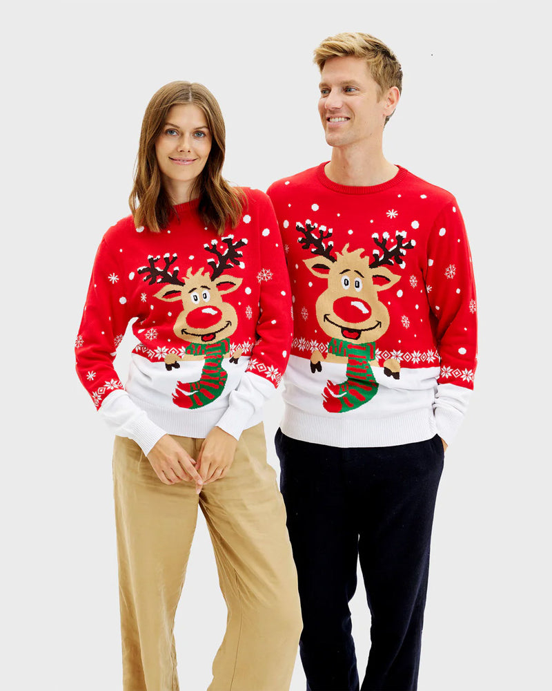 Jersey de Navidad para Mujer y Hombre Reno con Bufanda