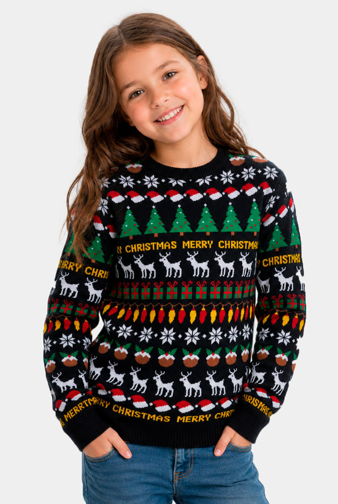 Jersey de Navidad para Niña Negro con Árboles, Renos y Regalos