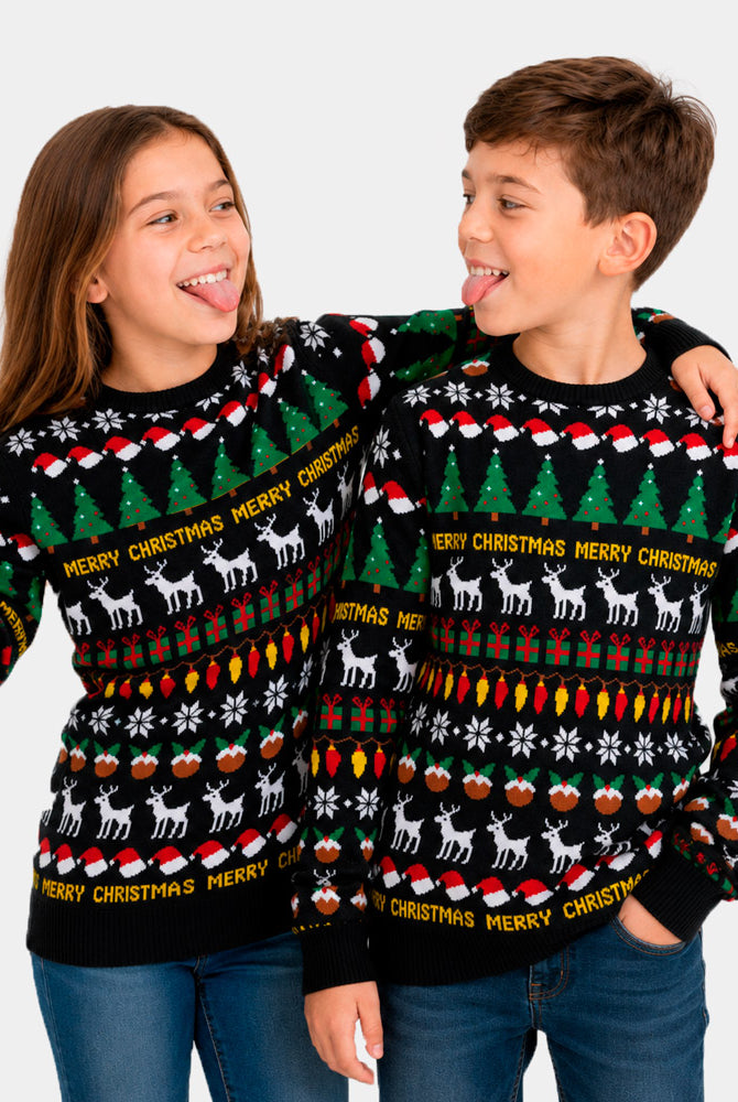 Jersey de Navidad para Niña y Niño Negro con Árboles, Renos y Regalos