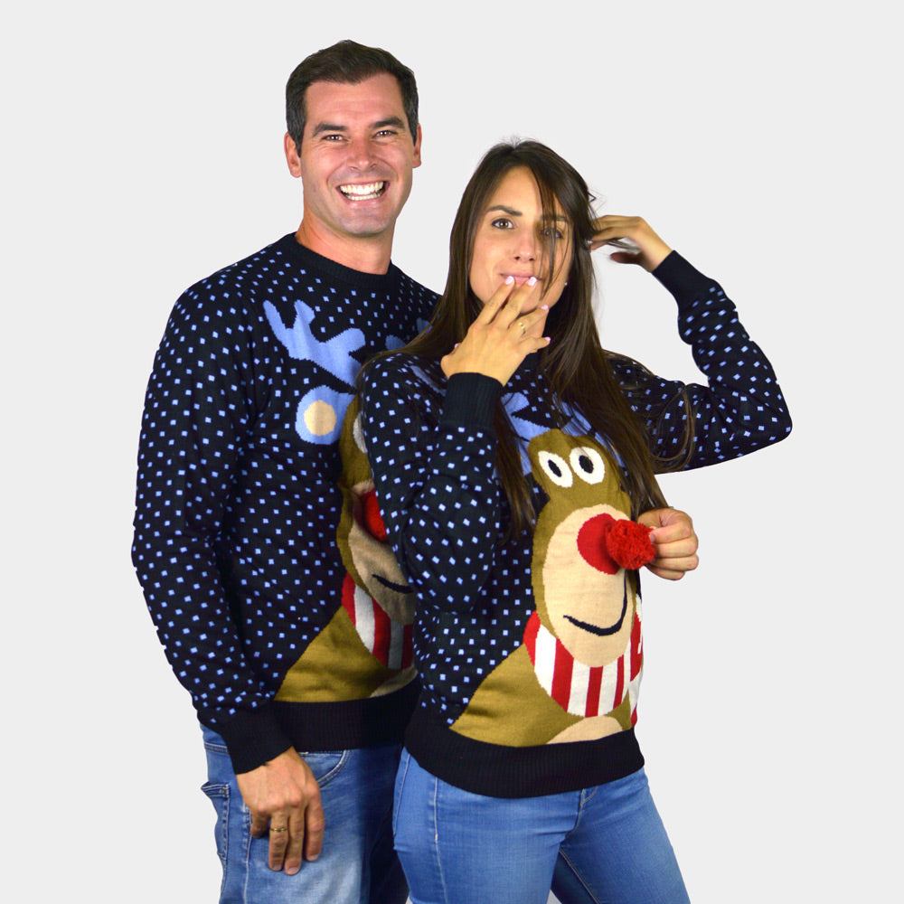 Jersey de Navidad Niña y Niño Parejas Azul Reno Rodolfo Nariz Roja en 3D