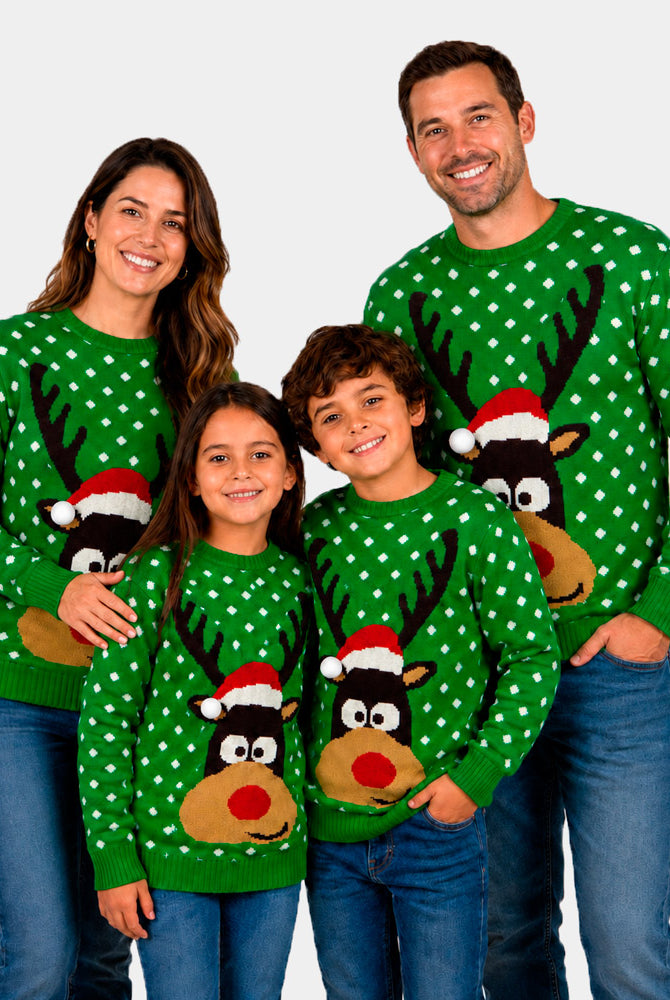 Jersey de Navidad Familia Niña y Niño Verde Reno con Gorro en 3D