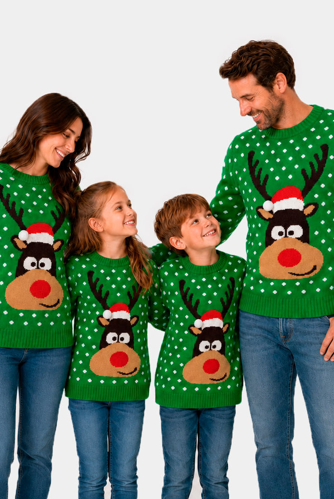Jersey de Navidad Familia Niña y Niño Verde Reno con Gorro en 3D