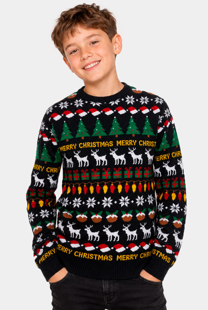 Jersey de Navidad para Niño Negro con Árboles, Renos y Regalos
