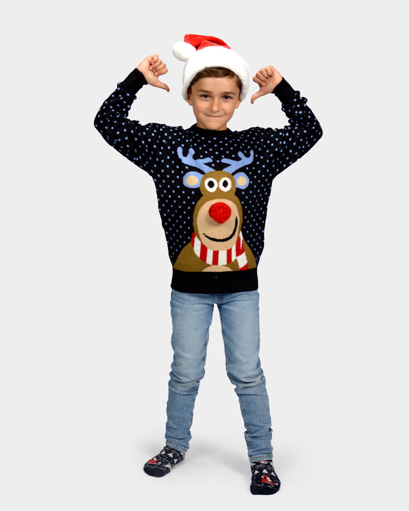 Jersey de Navidad Niño Azul Reno Rodolfo Nariz Roja en 3D