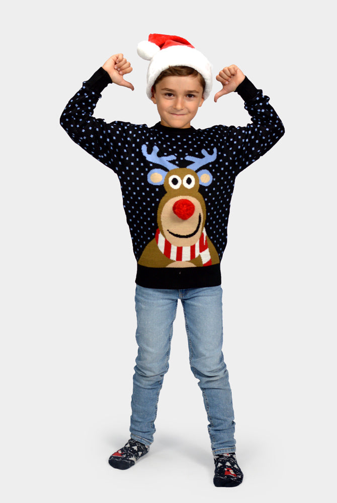Jersey de Navidad Niño Azul Reno Rodolfo Nariz Roja en 3D