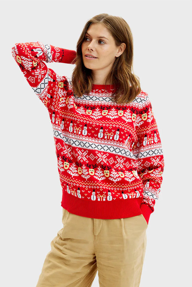 Jersey de Navidad Parejas Mujer Rojo Muñecos Nieve Cenefas Algodón Orgánico