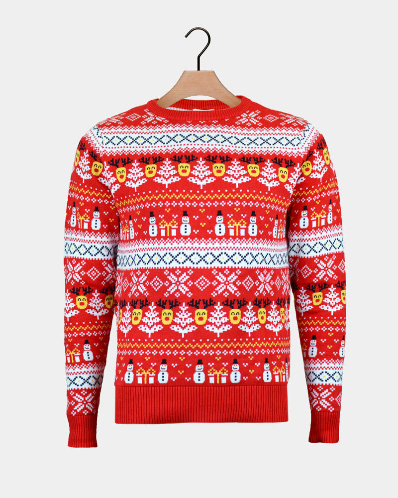 Jersey de Navidad Parejas Muñecos Nieve Cenefas Algodón Orgánico Rojo