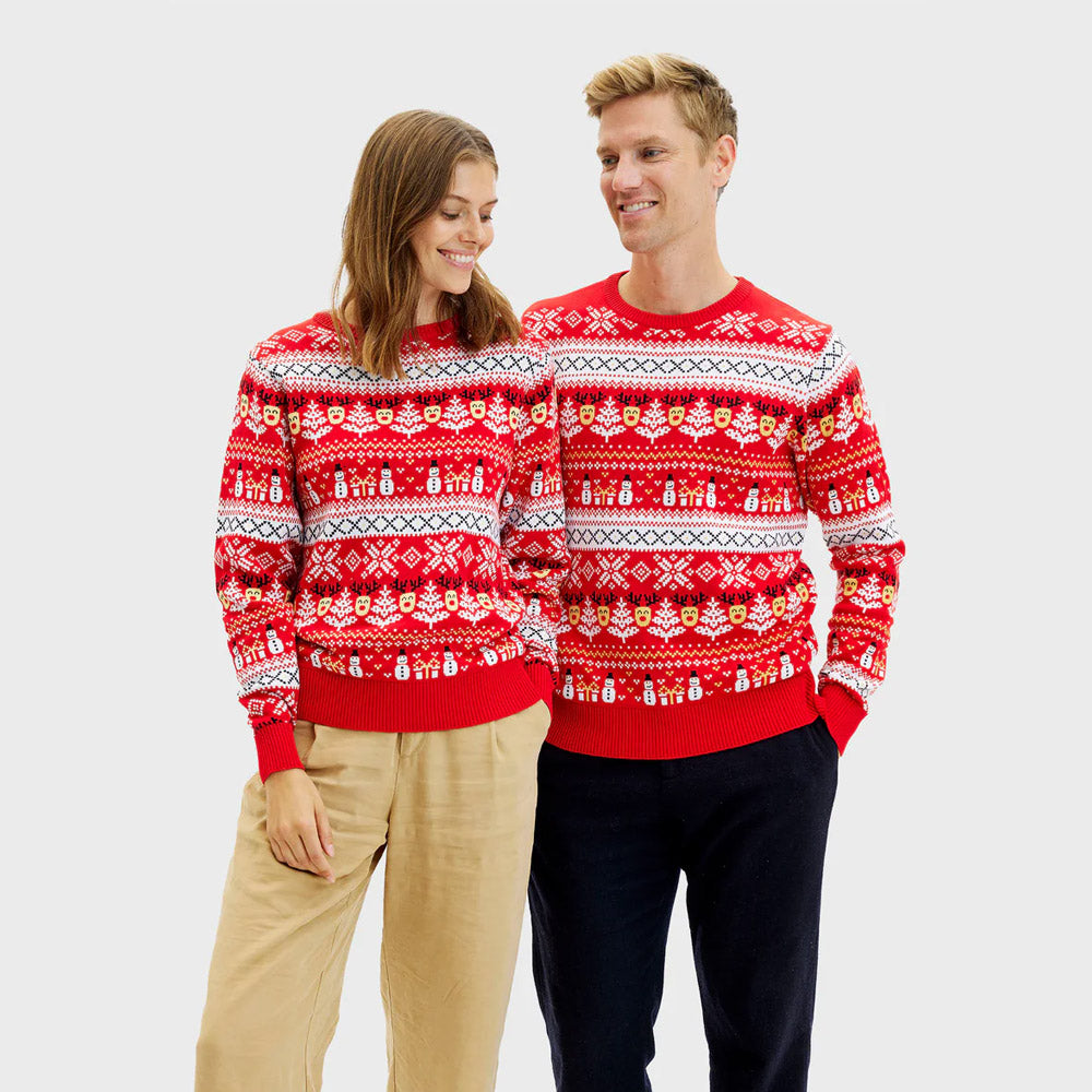 Jersey de Navidad Parejas Rojo Muñecos Nieve Cenefas Algodón Orgánico