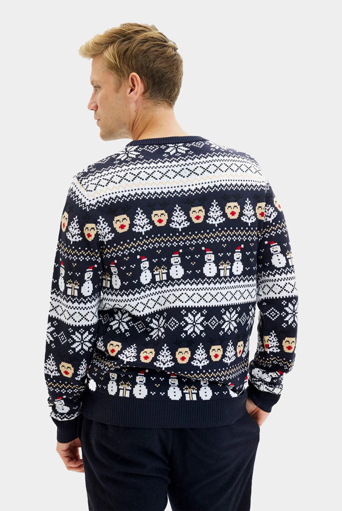 Jersey de Navidad Parejas Hombre Azul Muñecos de Nieve y Cenefas