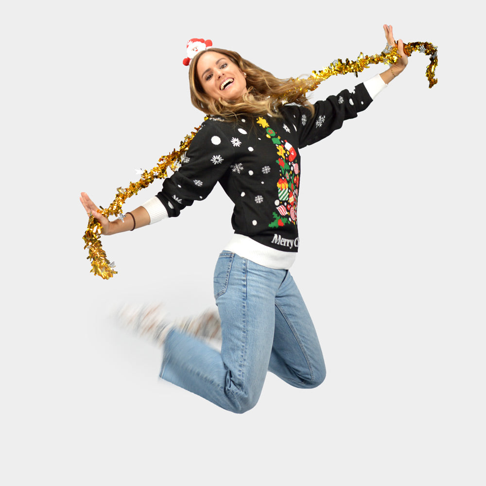 Jersey de Navidad parejas Negro con Árbol de Navidad Mujer