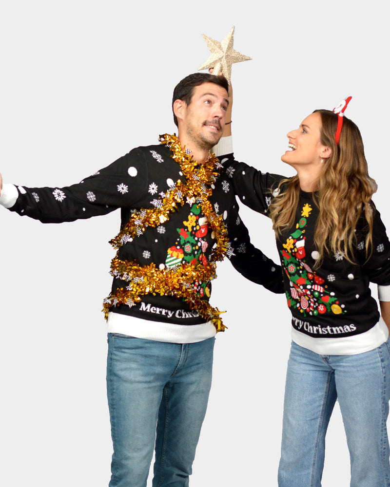 Jersey de Navidad Parejas Negro con Árbol de Navidad